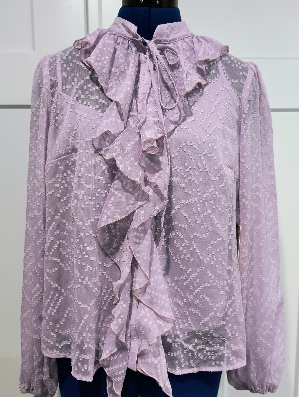 NWT Bailey 44 Vara Dot Light Lavender Ruffle Tie-Neck Button-Up Blouse